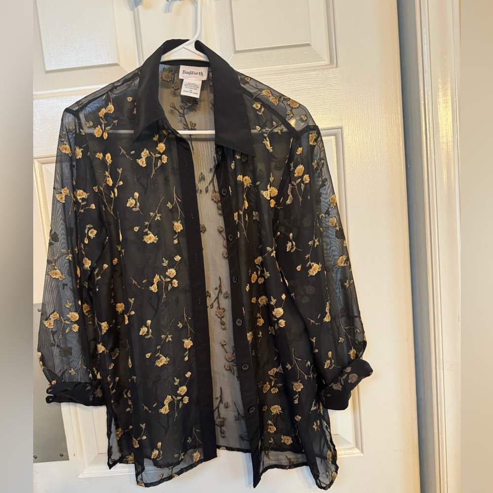 BonWorth Black Sheer Blouse with Gold Floral Design